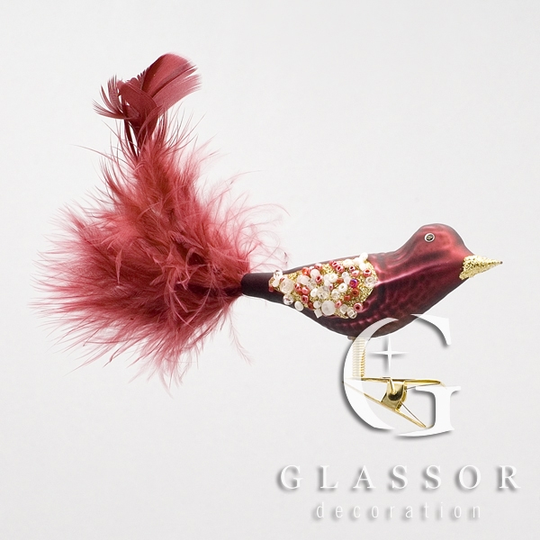 Small claret glass bird with tail feathers Christmas ornament
