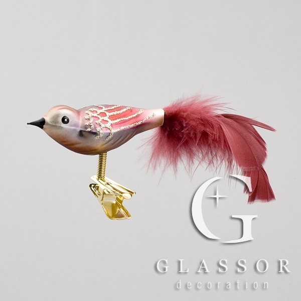 Silver/Red glass bird with tail feathers
