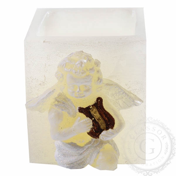 Candleholder white with angel and harp