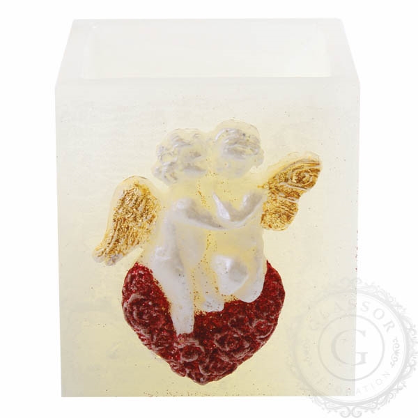 Candleholder prism with heart and two angels
