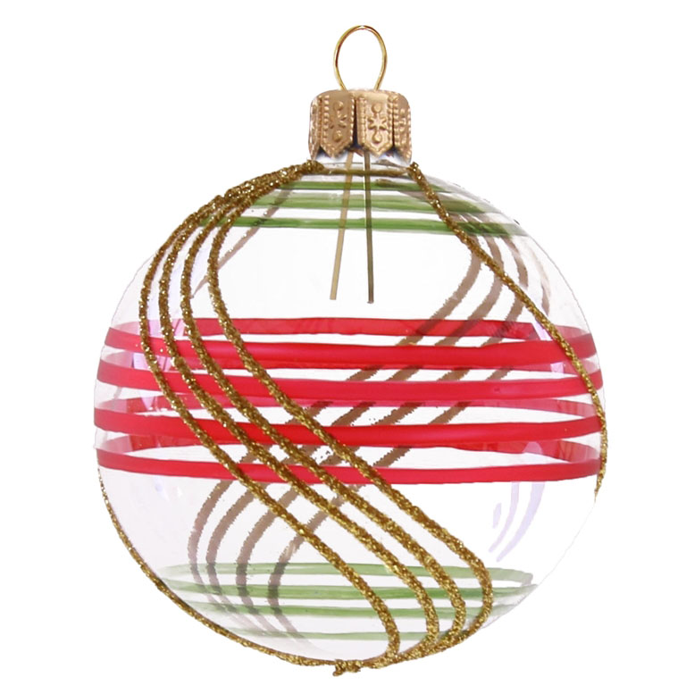 Clear Bauble with black and red stripes and gold glitter
