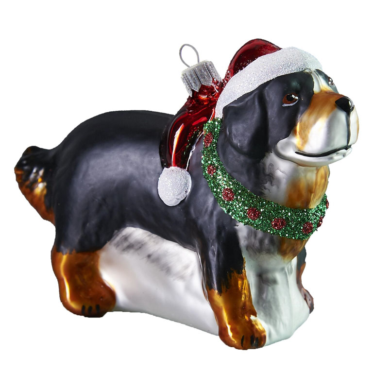 Glass Bernese Mountain dog with Santa hat