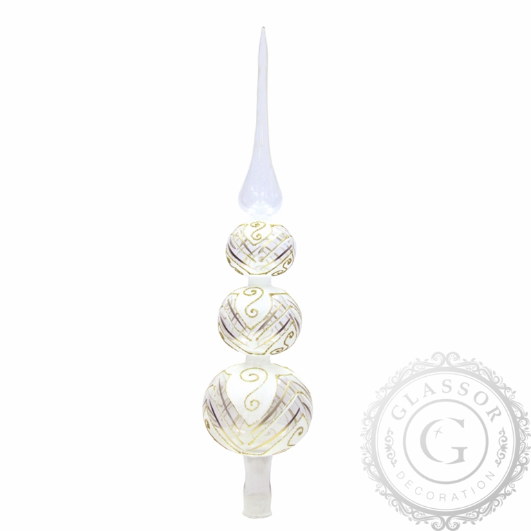 Clear glass tree topper with white/gold decor
