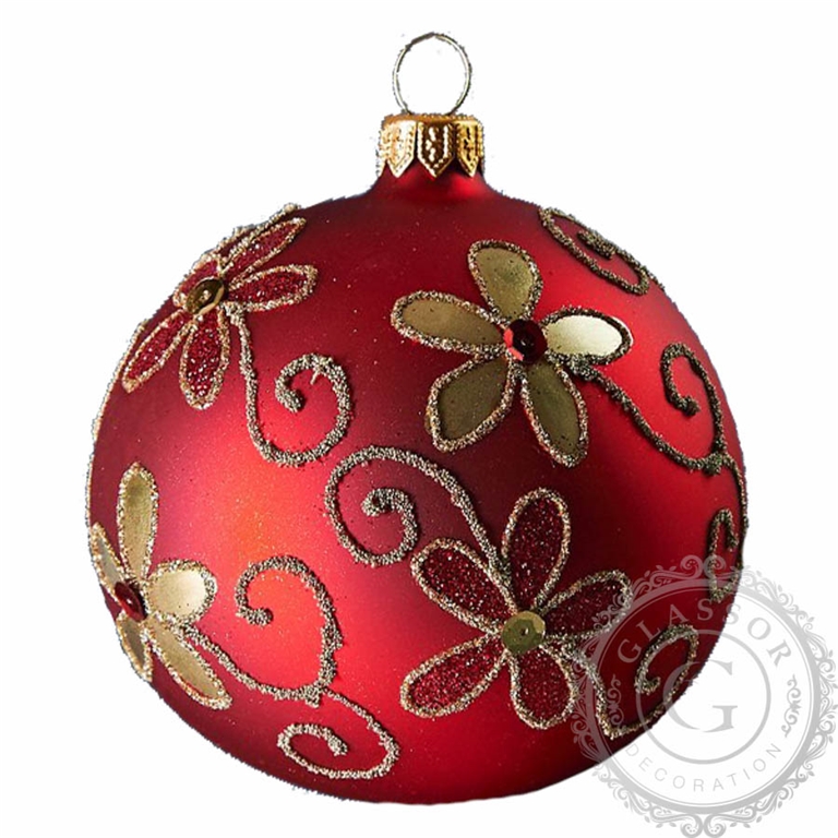 Red Christmas ball with gold blossoms décor matt finish