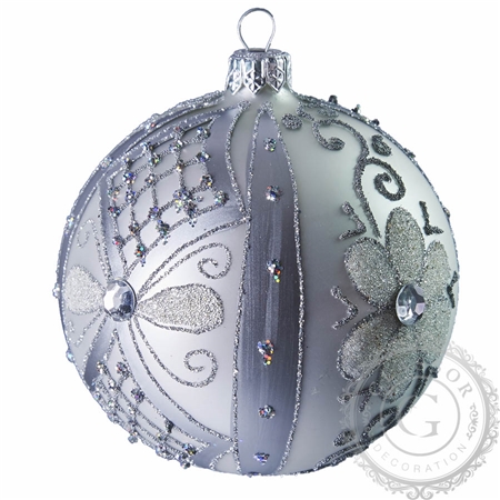 Silver glass Christmas bauble with flower décor