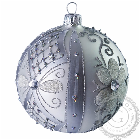 Silver glass Christmas bauble with flower décor
