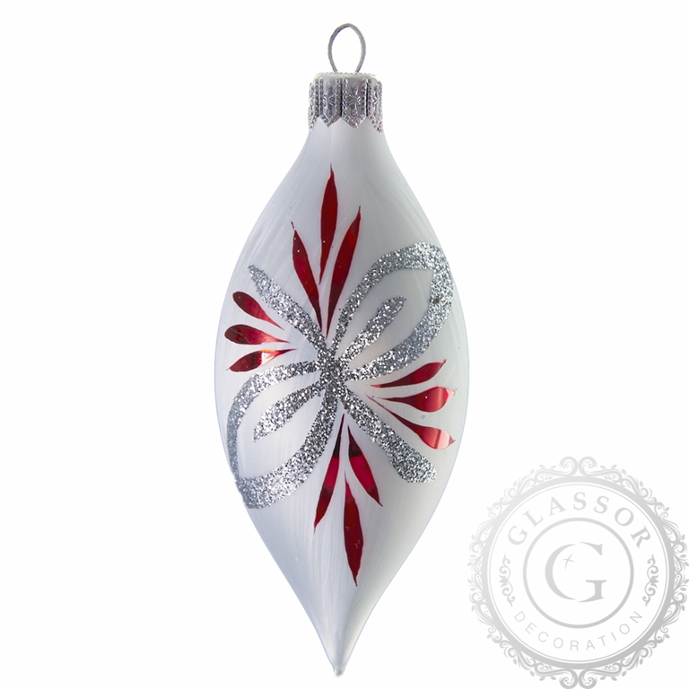 White teardrop with silver and red poinsettia