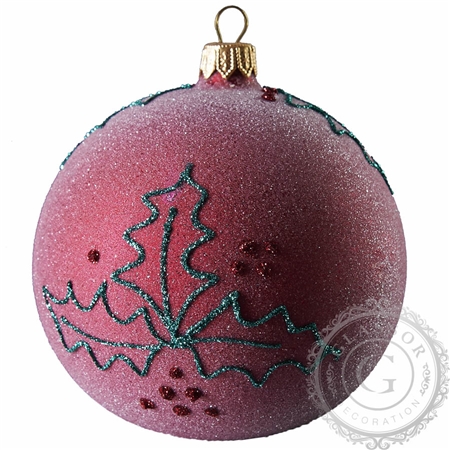 Large frosted burgundy ball with glitter holly