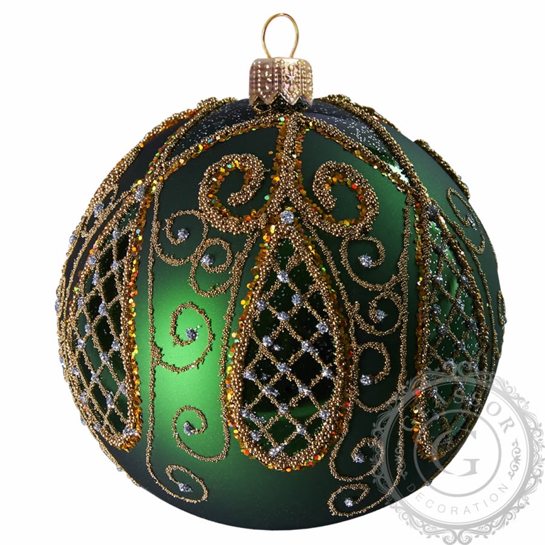 Glass decoration - green ball, gold glitter, 8 cm