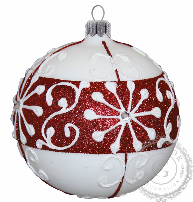 Snow-White Bauble with Red Glitter and Crystal Beads