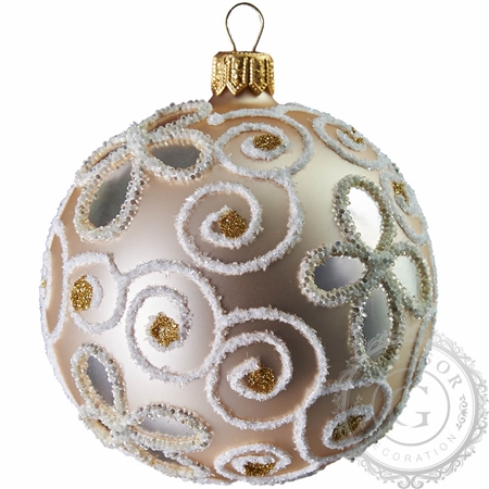 Champagne Christmas bauble with white-gold blossom decor
