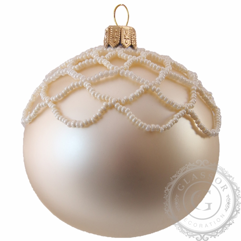 Glass Christmas bauble - creamy ball with beads