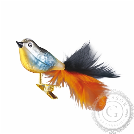 Blue and orange song bird with clip attachment