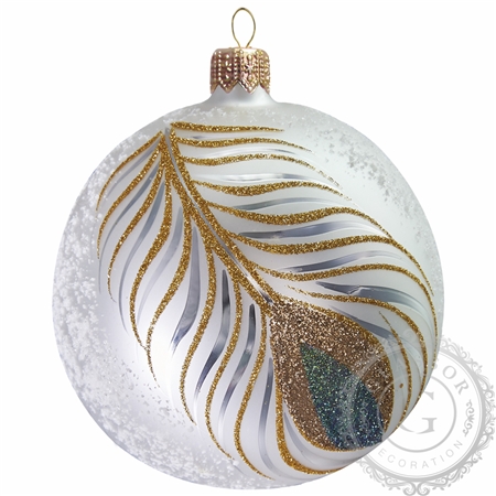White Christmas bauble with peacock feather décor