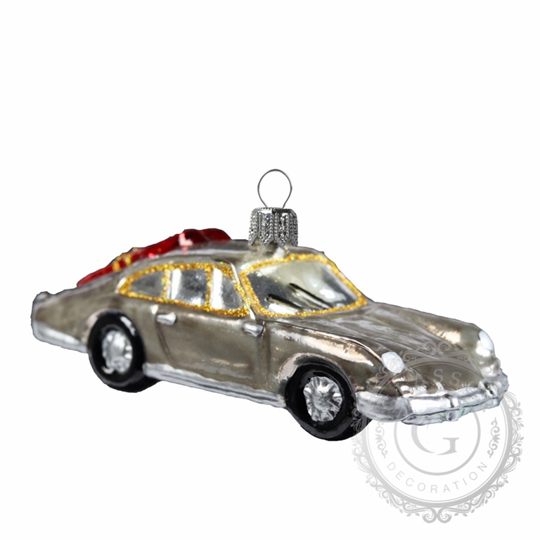 Silver sports car with skis Christmas ornament
