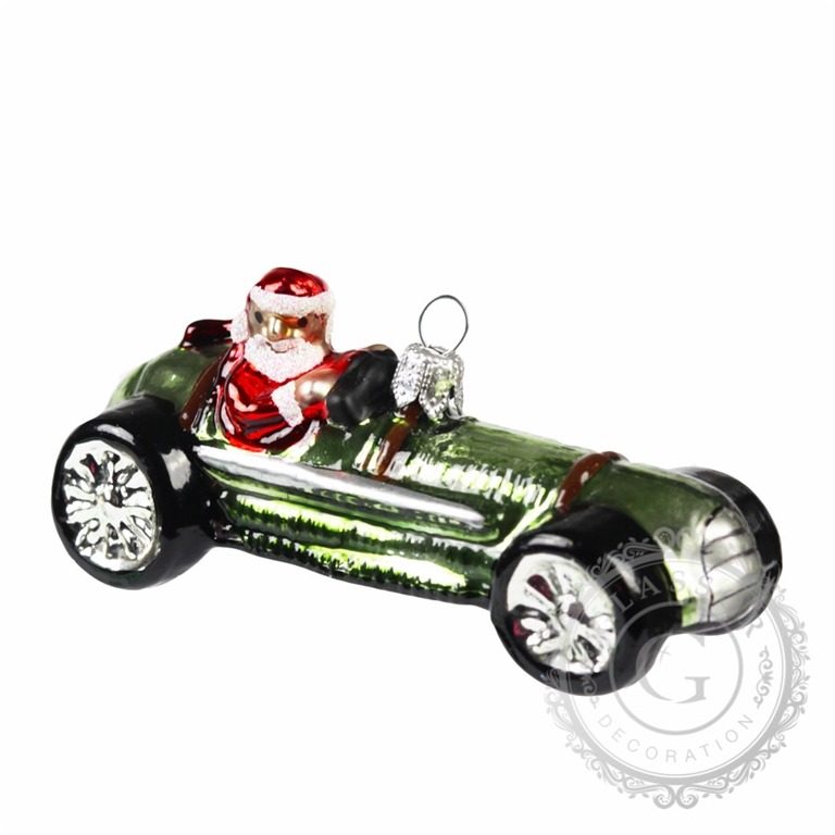 Glass vintage racing car with Santa
