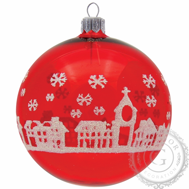 Red Christmas bauble with village scene decor