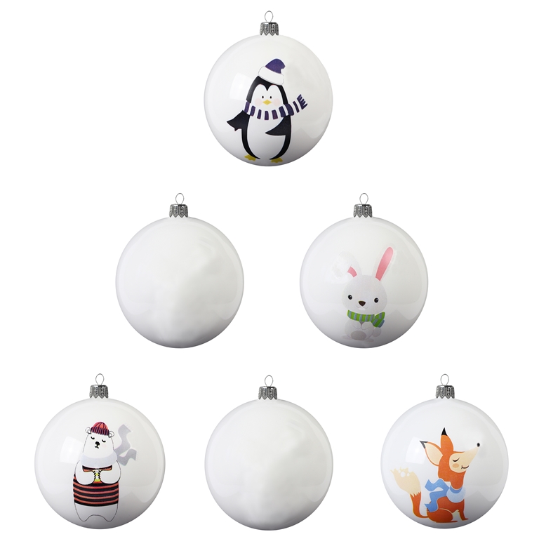 Pack of printed glass Christmas balls: animals