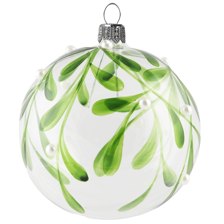 Clear ball with mistletoe twigs and pearls