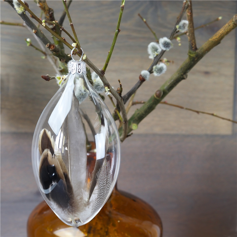 Glass egg clear with brown feather