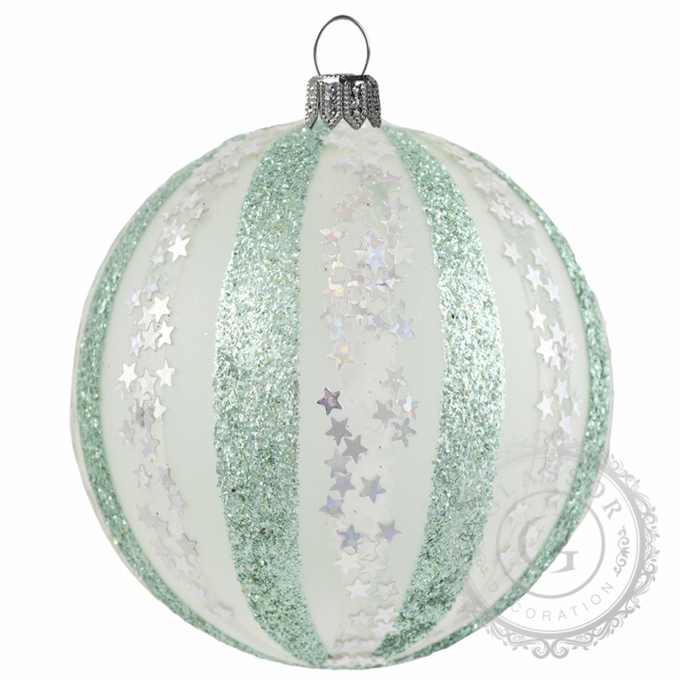 Clear matt bauble with strips and stars décor