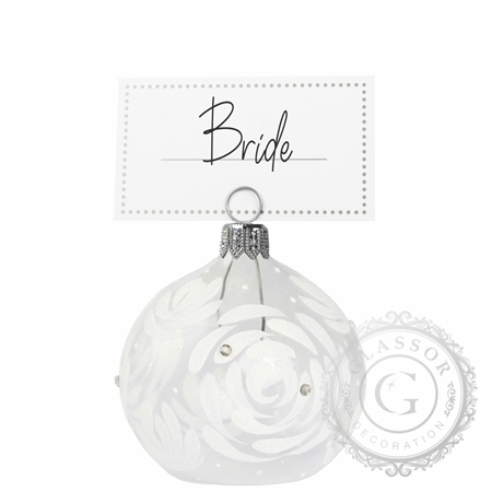 Transparent table seating plan holder bauble with white rose flower decor