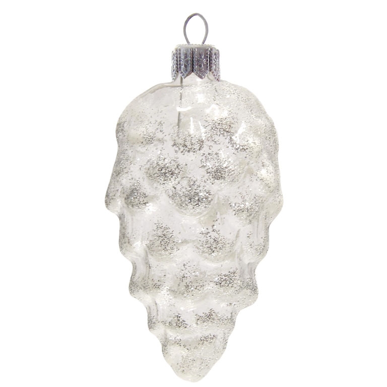 Transparent pine cone with white-silver glitter