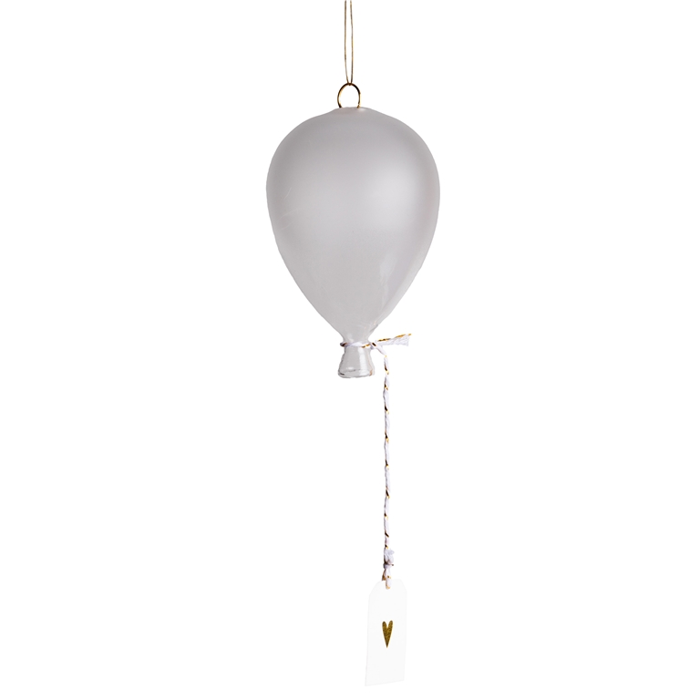 Gray glass balloon with a nametag