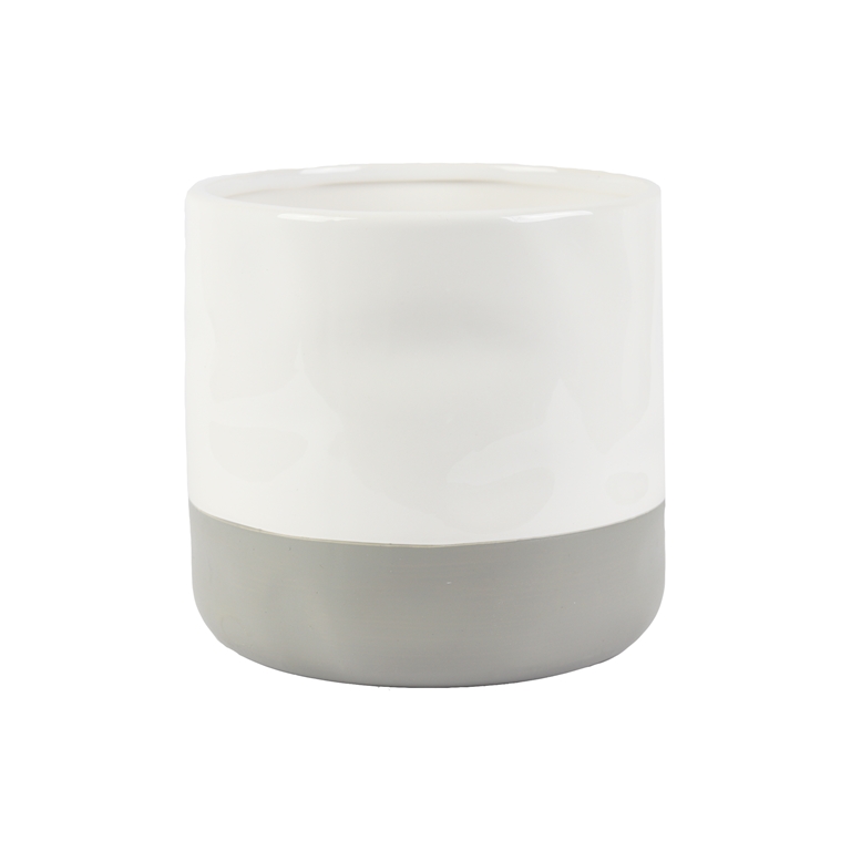 Ceramic white flowerpot with gray stripe