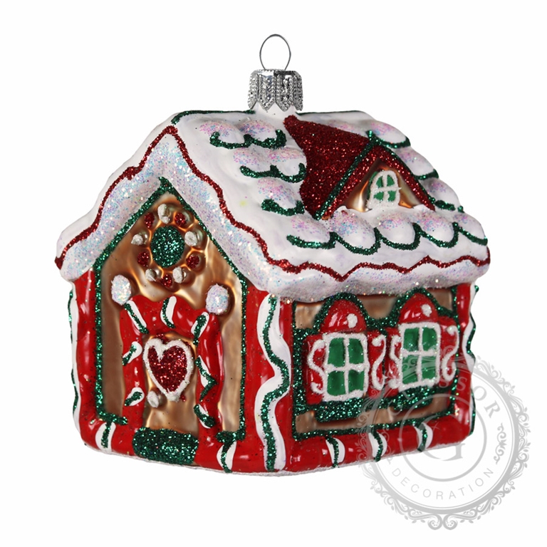 Gingerbread house with a snow covered roof