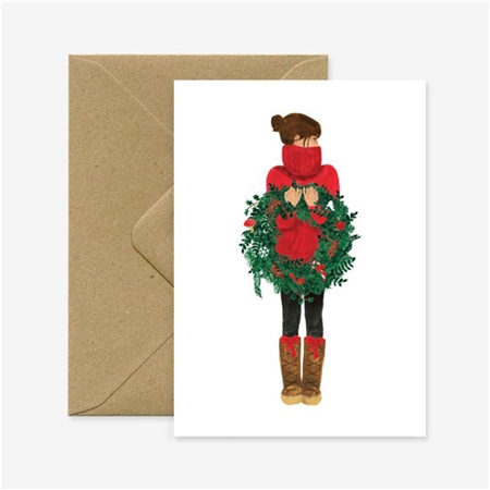 Gift card Christmas girl with a wreath