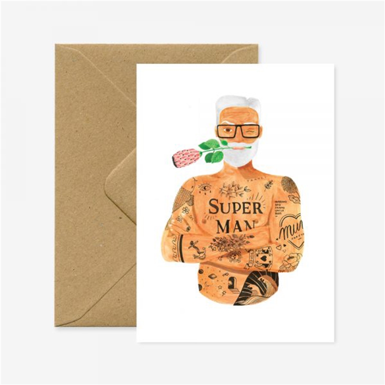 Postcard tattooed superman with envelope