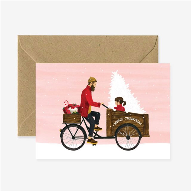 Gift Christmas card dad with daughter on bicycle