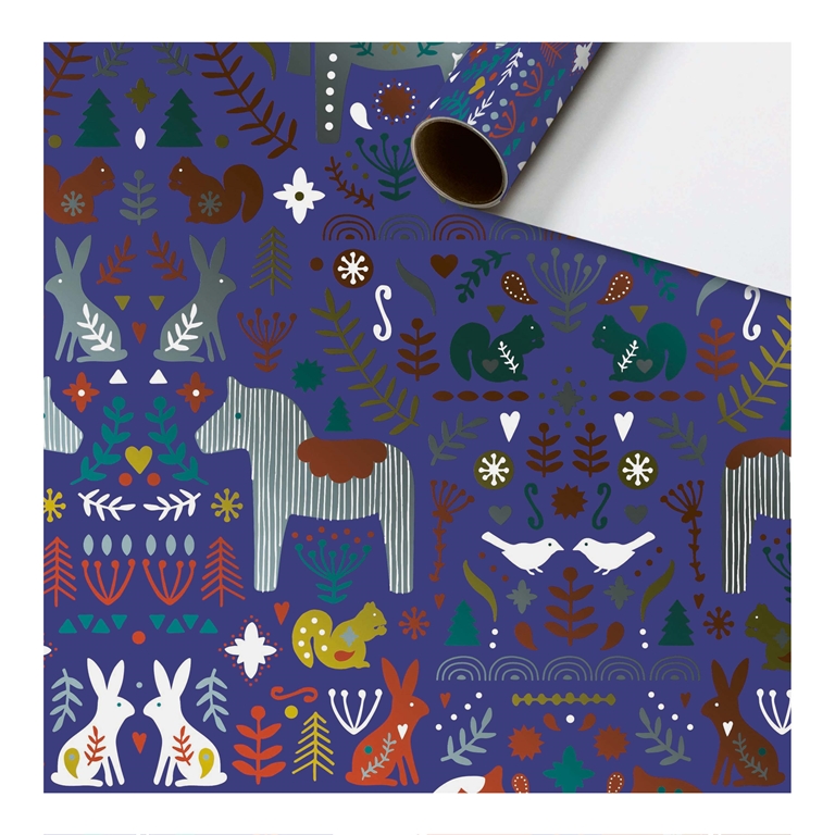 Blue wrapping paper with folklore motifs
