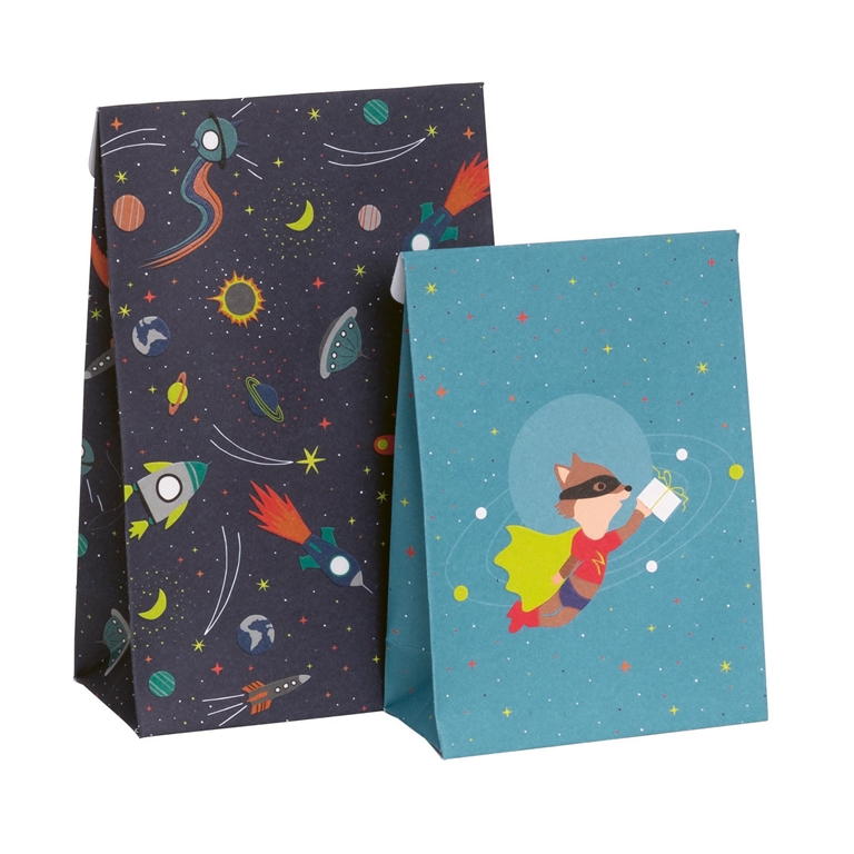 Set of paper gift bags with space motif