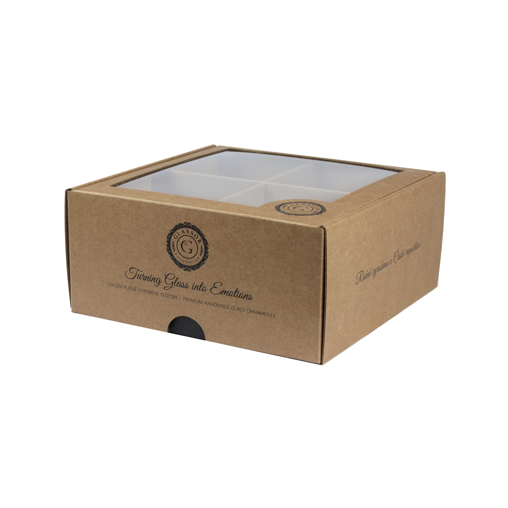 Smaller transparent kraft box with Glassor logo for 4 ornaments