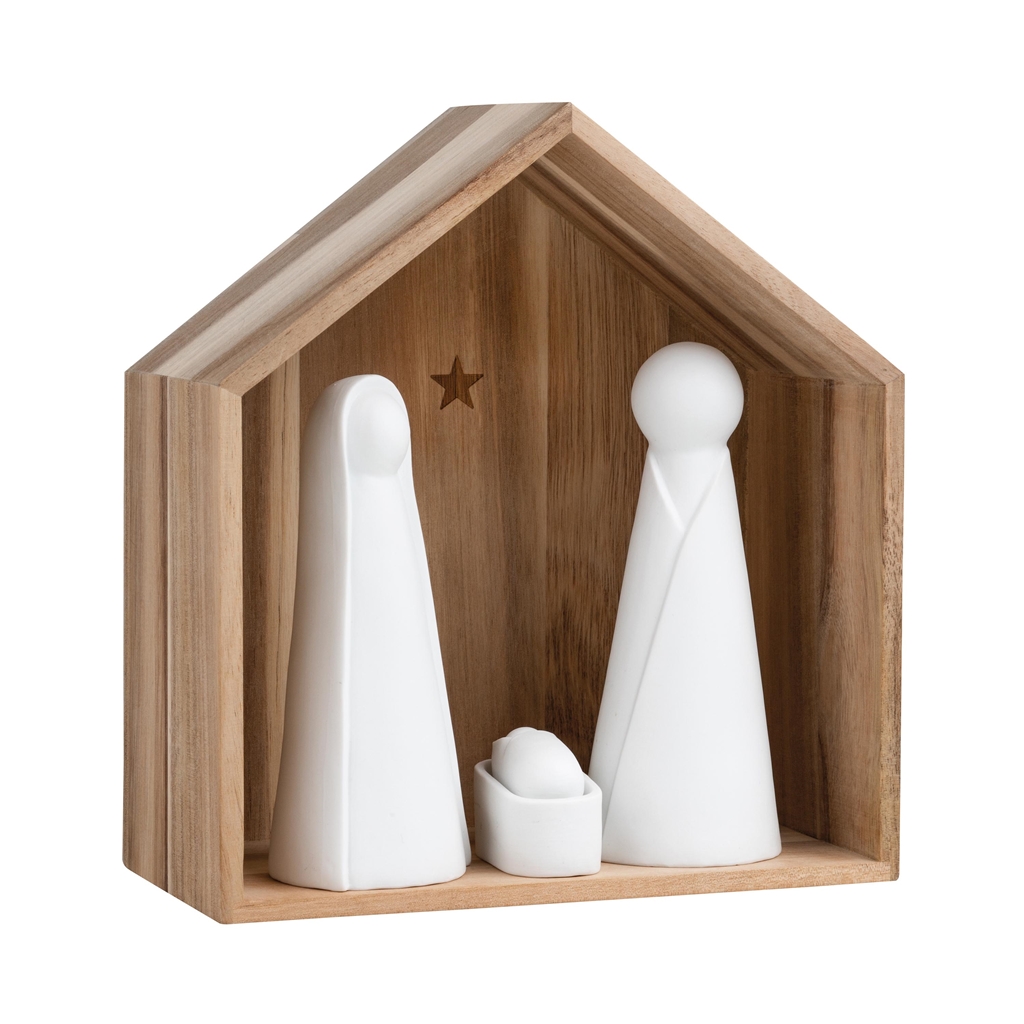Wooden Betlehem with porcelain figurines