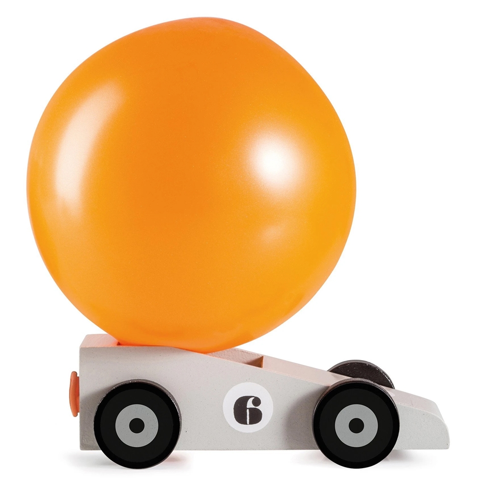 Wooden toy car with a balloon