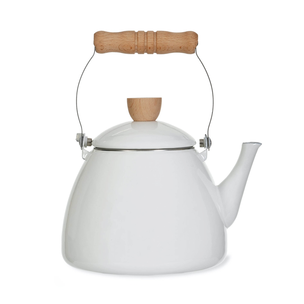 White kettle with wooden handle