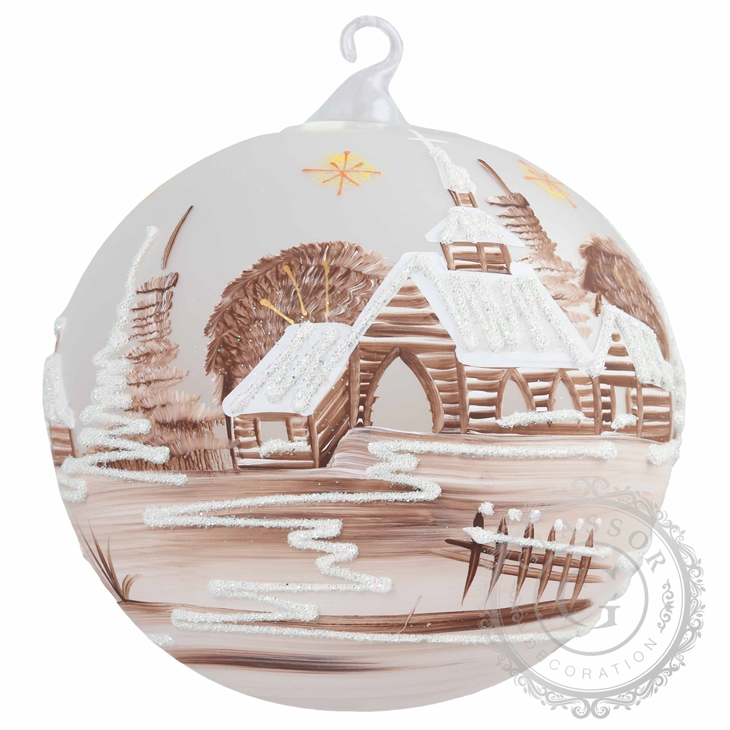 Glass bauble with brown village motif