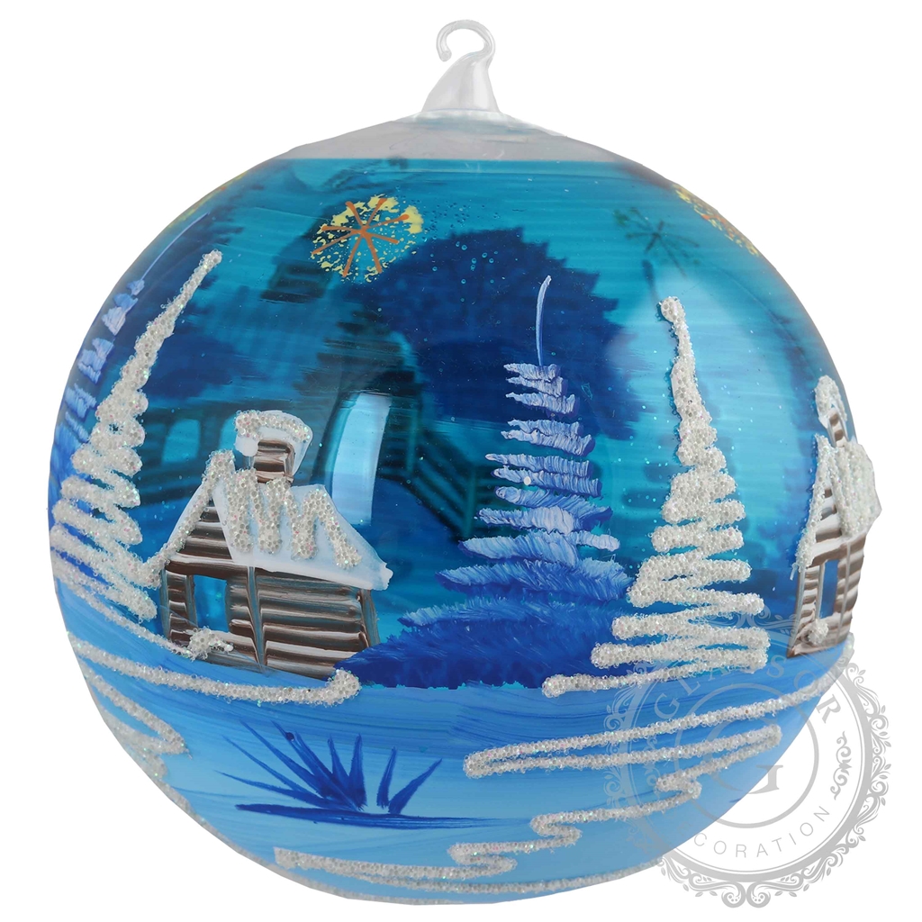 Glass bauble with azure blue village motif