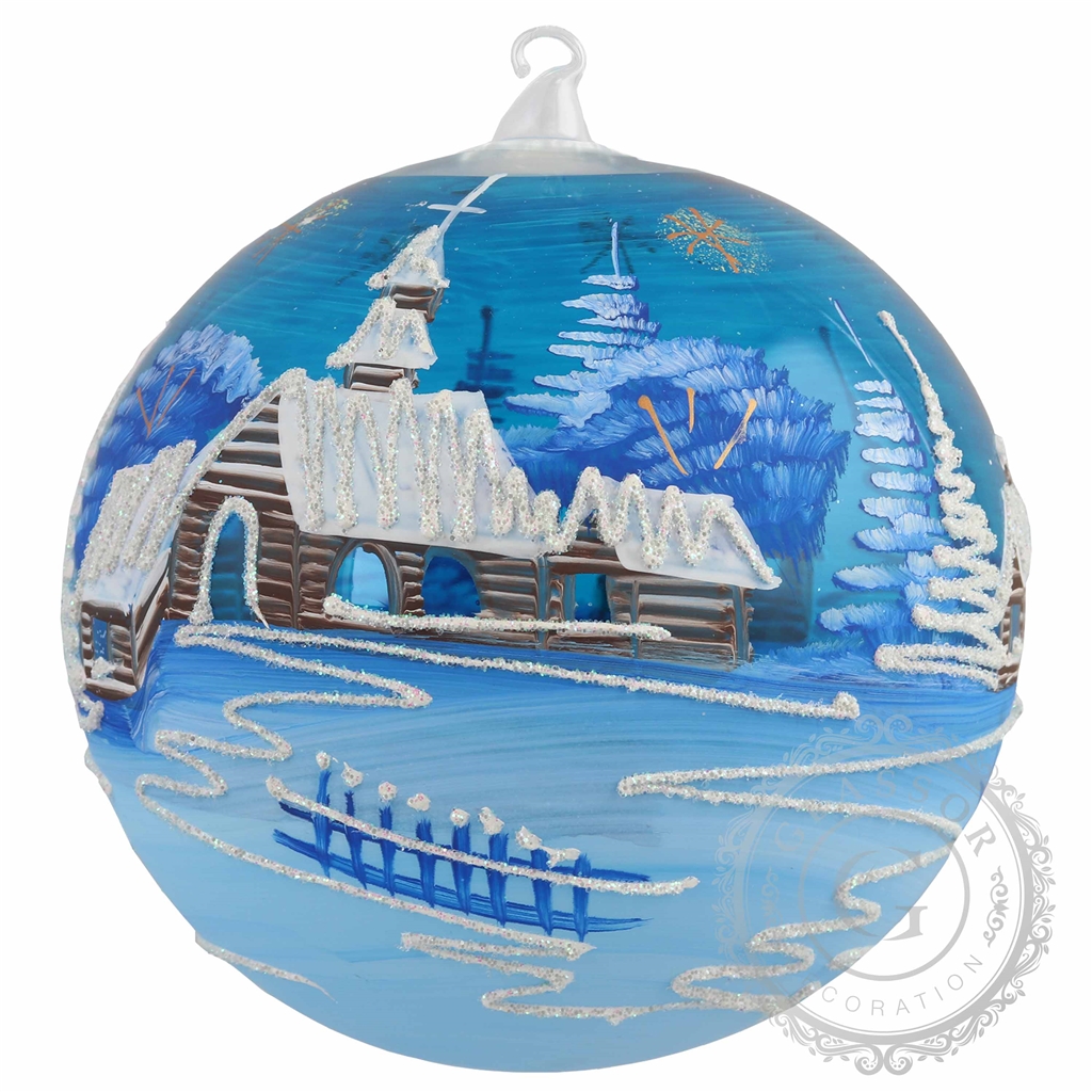 Glass bauble with blue church motif