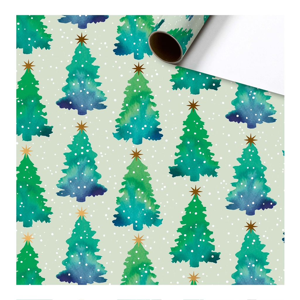 Green snow covered trees wrapping paper
