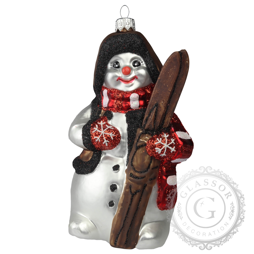  Snowman with skis glass Christmas ornament