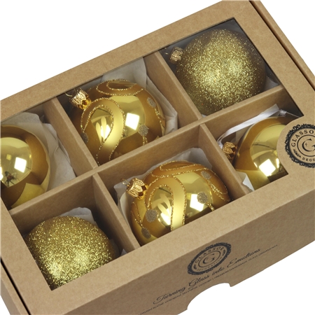 Set of gold Christmas balls with glitter
