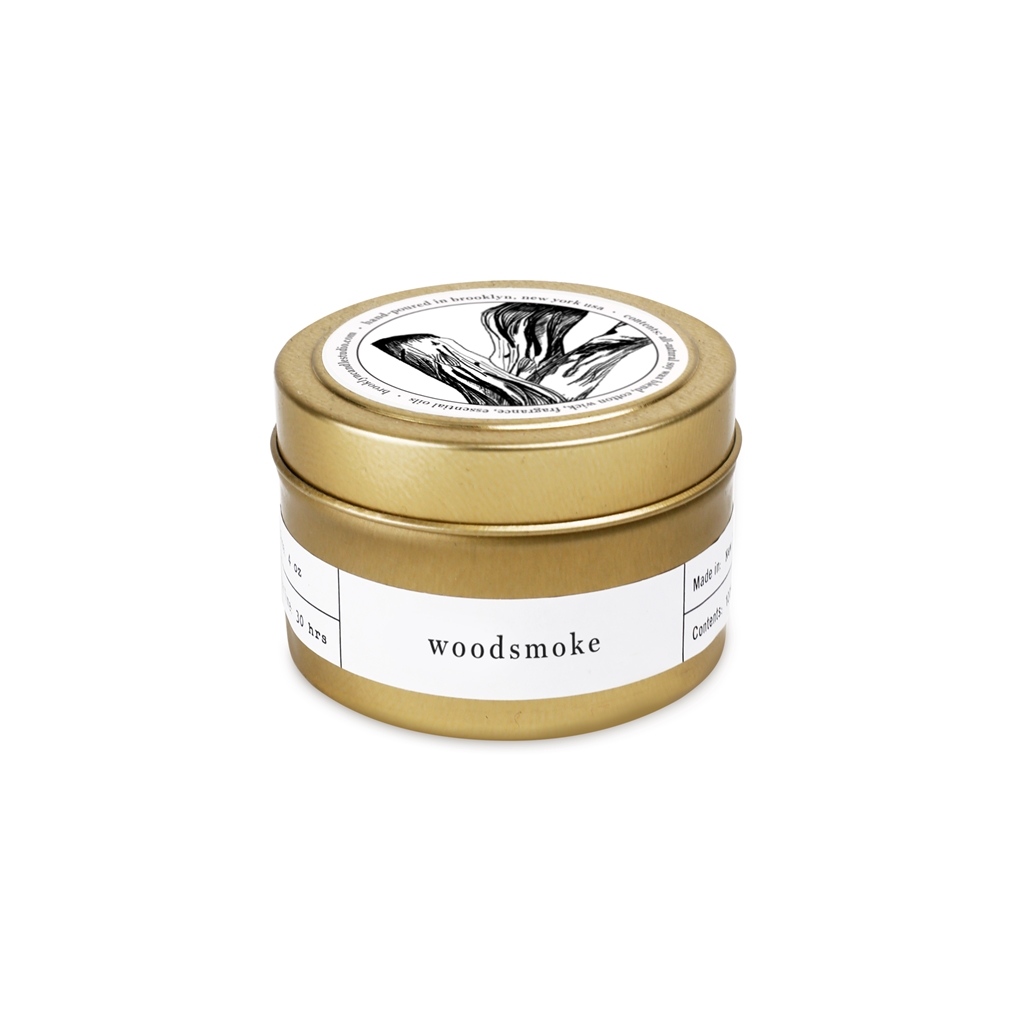 Scented golden tin candle Woodsmoke