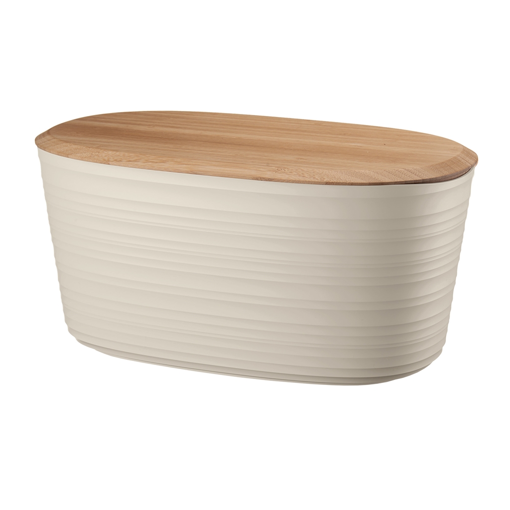 Beige bread box with bamboo cutting board