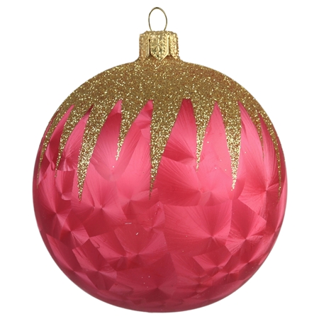 Christmas glass ball pink ice effect with gold decor