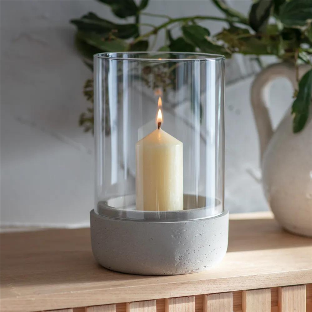 Glass lantern with cement base