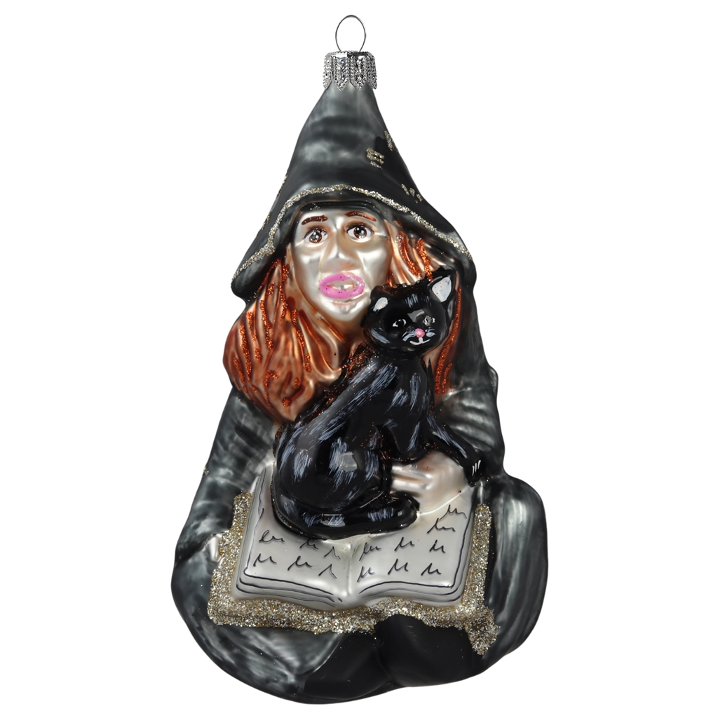 Grey witch with black cat Christmas ornament